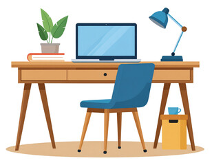 Flat workspace desk with laptop and chair, transparent background