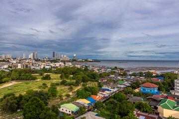 Panoramic nature background (mountains, sea, trees, twilight lights in the sky, waterfront communities), naturally blurred through the wind, seen on tourist spots or scenic spots