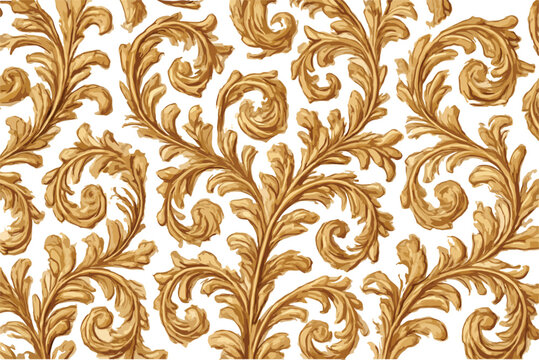 Elegant golden baroque acanthus leaf scrollwork pattern with swirling vines and ornate floral elements on a clean white background