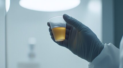 Gloved Hand Holding a Plastic Cup with Yellow Liquid in a Laboratory Setting