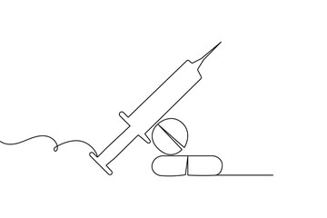 Open capsules and medicine in one line drawing minimalist outline vector isolated design
