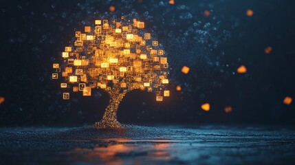 Digital Conceptual Tree with Glowing Orange Lights Symbolizing Connectivity and Technology in a Futuristic Landscape