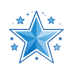 Obraz premium Large gradient blue star encompassed by small stars, geometric illustration. Symbolizes achievement, success, recognition, and patriotism.