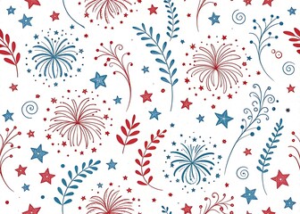 Red and blue fireworks stars and floral pattern on white