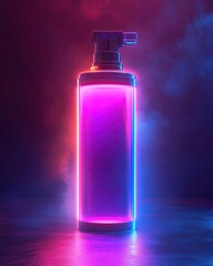 Canister spray substance A vibrant neon bottle spray illuminated by colorful lights against a moody backdrop, perfect for modern designs.