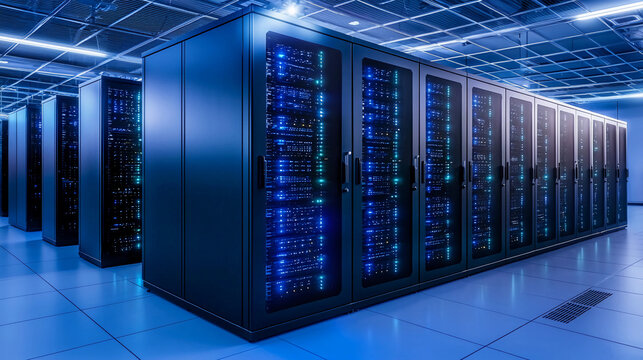 A modern data center with rows of server racks illuminated by blue LED lights in a clean, high-tech environment.