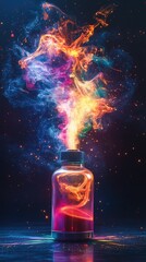 Canister spray substance A vibrant potion bottle emitting colorful smoke, symbolizing creativity and imagination in a surreal environment.