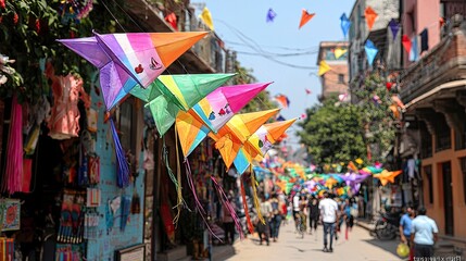 Naklejka premium Colorful Kites Flying Over Vibrant Market Street in Sunny Daylight