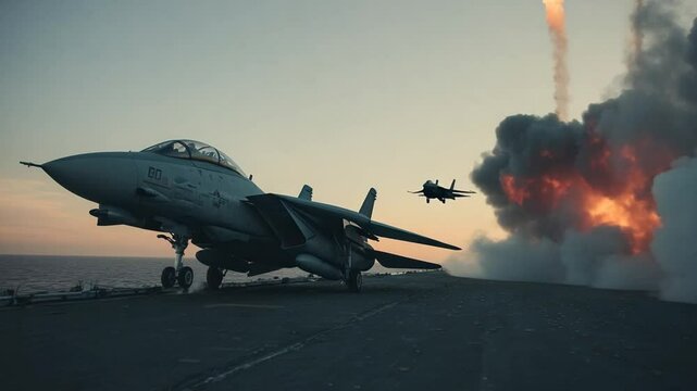 F-14 Tomcat Aircraft Launch from Aircraft Carrier