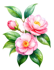 Obraz premium Watercolor Camellia Branch with Buds and Leaves – Artistic PNG Design