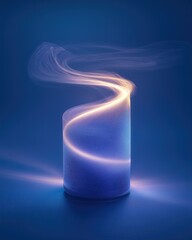 Canister spray substance An abstract representation of light trails swirling above a cylindrical object against a blue background.