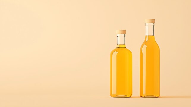 Two glass bottles with amber liquid on beige background