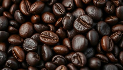 Close-up of dark, oily roasted coffee beans, highlighting their rich texture and deep brown color,  beverage,  aroma