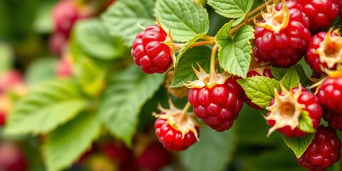 Obraz premium Close-up of fresh raspberries on the vine with green leaves, background, garden