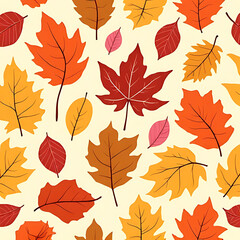 Obraz premium Autumn leaf pattern illustration featuring various leaf shapes in shades of red orange yellow and brown on a cream background