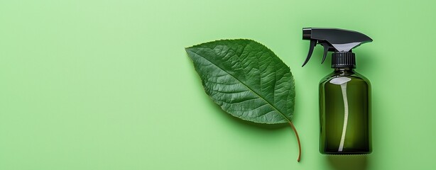 Canister spray substance An eco-friendly spray bottle and a fresh leaf on a vibrant green background, symbolizing sustainability and nature.