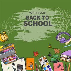 Hand-drawn mockup on a school theme with school supplies in the sketch style.