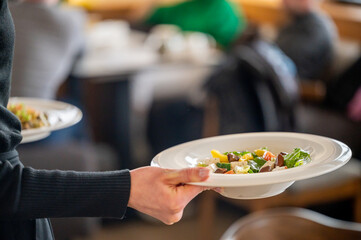 Waiter serving a plate of fresh vegetable salad in a restaurant, close-up view with blurred background and diners, highlighting healthy eating and hospitality.