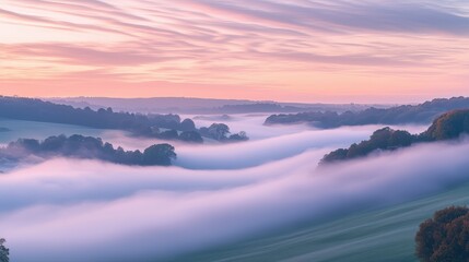 Canister spray substance Breathtaking misty valley at dawn, enveloped in swirling fog under a pastel sky, perfect for serene nature scenes.