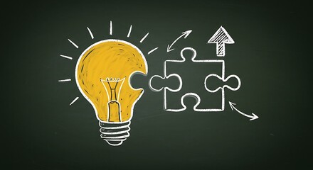 A light bulb with a missing puzzle piece next to a puzzle piece with an upward arrow, drawn on a chalkboard, symbolizing problem-solving and innovation.