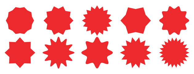 Set of red starburst, starburst labels. Set of red starburst. Price sticker, sale sticker, price tag, starburst, quality mark, retro stars, sale. Circle sticker set. Wavy edge promo red badges.