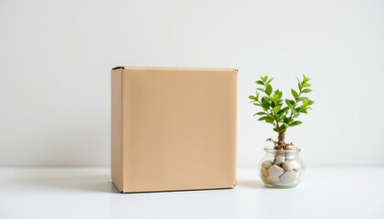 minimal image of green certified box with tiny plant beside, centered on white
