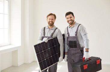 Happy workers team, male group ready for home, office battery installations, indoors, outside...