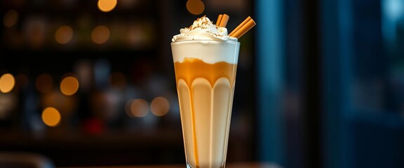 Tall glass of latte macchiato, whipped cream, cinnamon,  layered,  cafe