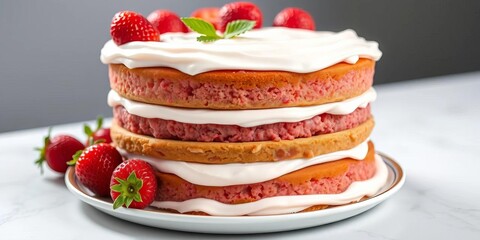 Three layers of moist strawberry cake, creamy frosting, fresh berries, culinary, whipped cream
