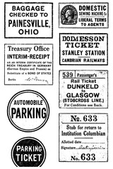 Vintage transportation tickets, labels and tokens in antique typography style, Transparent Background