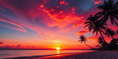 Vibrant sunset hues paint the sky above a tranquil tropical beach, palm trees silhouetted against the fiery orb descending into the calm ocean, horizon, relaxing