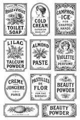 Vintage cosmetic and soap labels in antique typography style, Transparent Background
