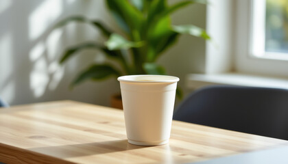 cornstarch based bioplastic cup on smooth light wood table, side angle
