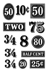 Vintage Price Tags and Currency Numbers Transparent PNG, Retro Dollar Signs, Classic Cash Labels, Antique Typography Digits, Old Store Advertising Clipart, Black and White Engraving Style