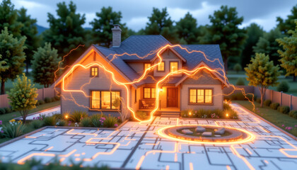 3d render of electricity flow map overlaid on house plan