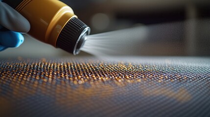 Canister spray substance Close-up of a hand applying spray from a bottle onto a textured surface, showcasing precision and detail.