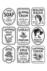 Vintage cosmetic and soap labels in antique typography style, Transparent Background