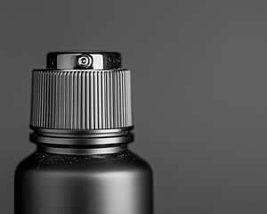 Canister spray substance Close-up of a sleek, black spray bottle cap on a minimalist gray background, perfect for product branding.