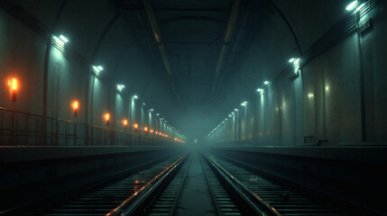 The railway tunnel stretches into the distance, disappearing into a hazy, atmospheric fog with lights lining the walls.
