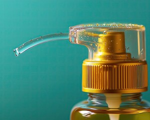 Canister spray substance Close-up of a sleek pump dispenser showcasing a golden cap and clear liquid, ideal for culinary use or cosmetic products.