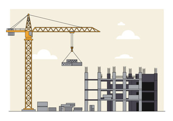 Obraz premium Construction Crane Lifting Materials for a Multi-Story Building Under Construction.