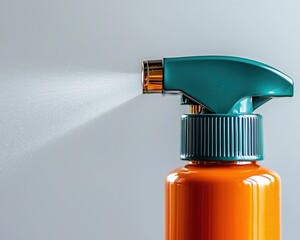 Canister spray substance Close-up of a spray bottle with a nozzle, demonstrating a fine mist of liquid for cleaning or personal care.