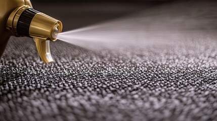 Canister spray substance Close-up of a spray nozzle dispersing liquid onto a textured surface, showcasing fine mist and droplets.