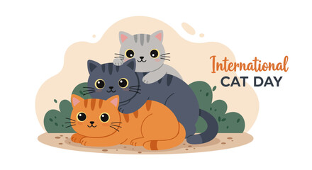 Let's celebrate international cat day with three little kitten, flat vector design illustration