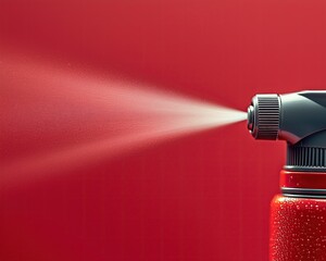 Canister spray substance Close-up of a spray nozzle releasing a fine mist against a vibrant red background.