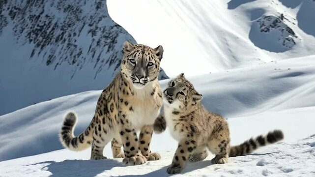 Two snow leopards on a snowy mountain slope