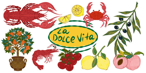 The Dolce Vita collection is a whimsical, detailed collection of colorful elements with textured outlines, inspired by the Mediterranean lifestyle. Sketchy, hand-drawn style. Set