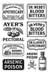 Fototapeta premium Vintage medicine and pharmacy labels in antique typography style, Transparent Background