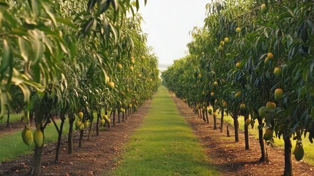 Explore a lush mango orchard filled with ripe fruit, showcasing rows of vibrant trees under a warm afternoon sky