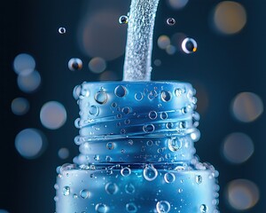Canister spray substance Close-up of water bottle with bubbles, showcasing freshness and hydration in a vibrant blue setting.